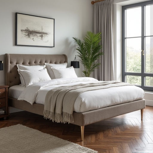 Chic Queen Size Corduroy Platform Bed with Sturdy Metal Legs