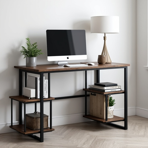 Modern Black Metal Frame Computer Desk with Cube Storage and Open Shelves